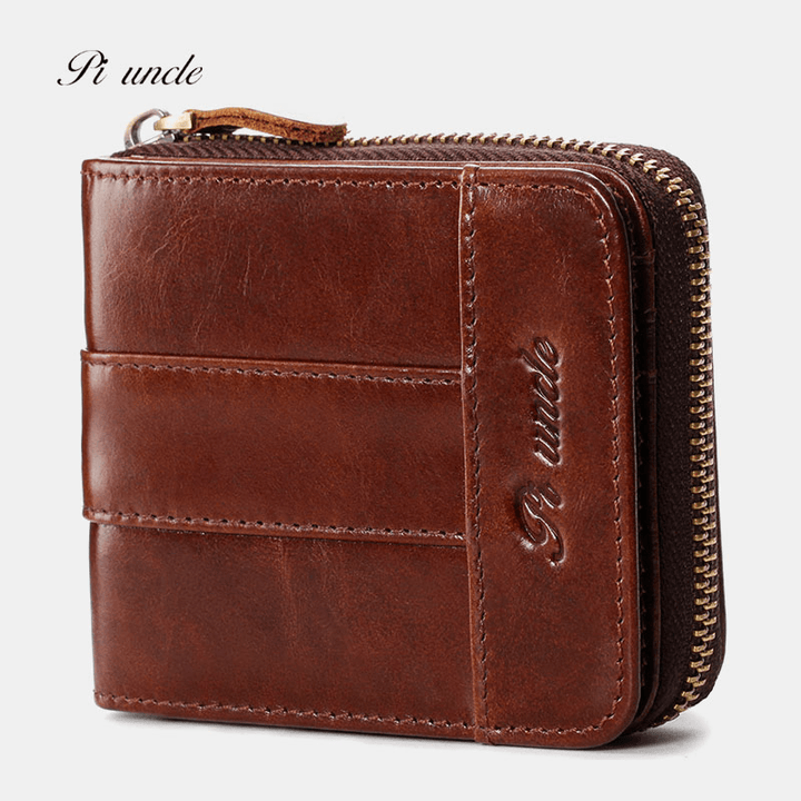 Men Genuine Leather Mini Retro Leather Coin Card Holder Zipper Wallet - MRSLM