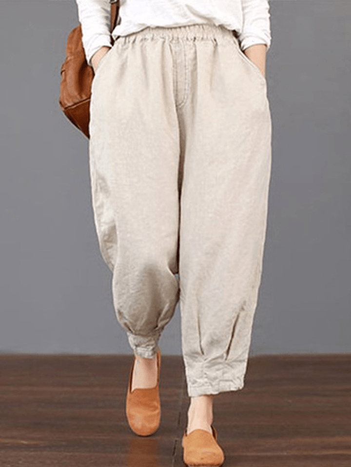 Women Solid Color Elastic Waist Loose Cotton Pants - MRSLM