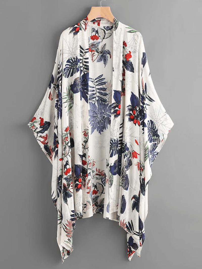 Women Summer Floral Print Loose Long Sleeve Irregular Hem Cardigans - MRSLM