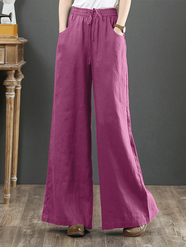 Women Solid Color Elastic Waist Drawstring Wide Leg Pants with Pocket - MRSLM