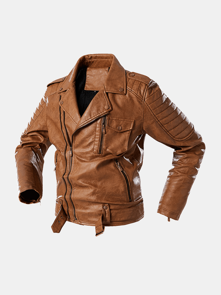 Mens Pocket Lapel Zip-Up Sashes PU Leather Jackets - MRSLM