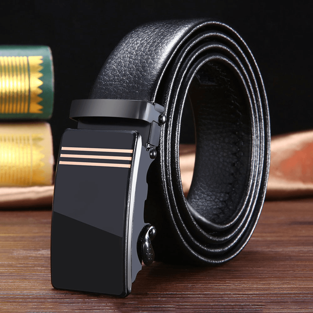 Men PU Leather Rectangular Acrylic Automatic Buckle Scratch-Resistant Business Casual Ratchet Belt - MRSLM