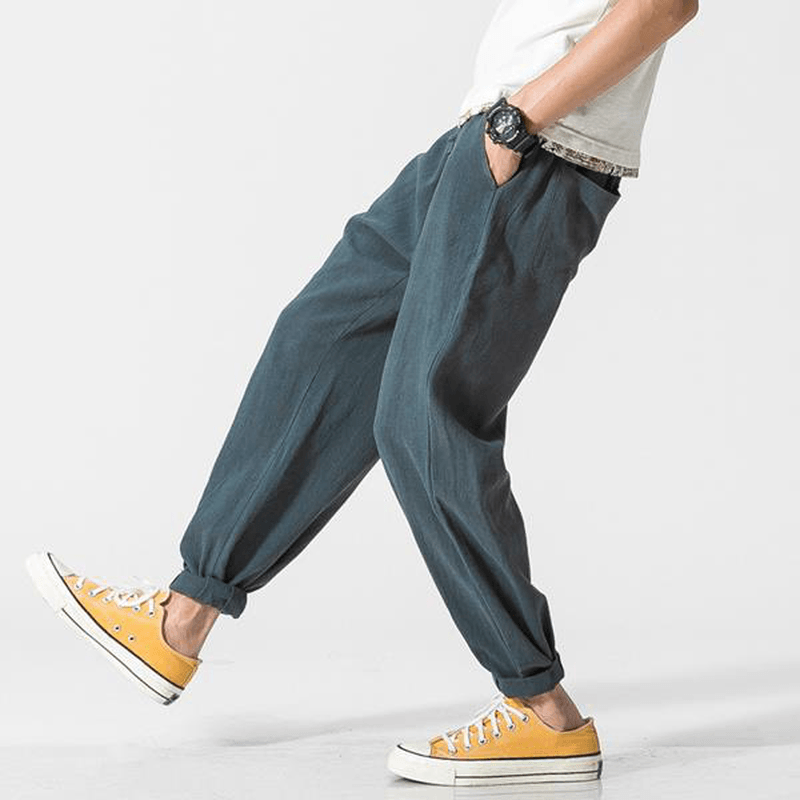 Men'S Summer Loose Cotton Linen Pants Small Feet Thin Breathable Haren Slacks - MRSLM