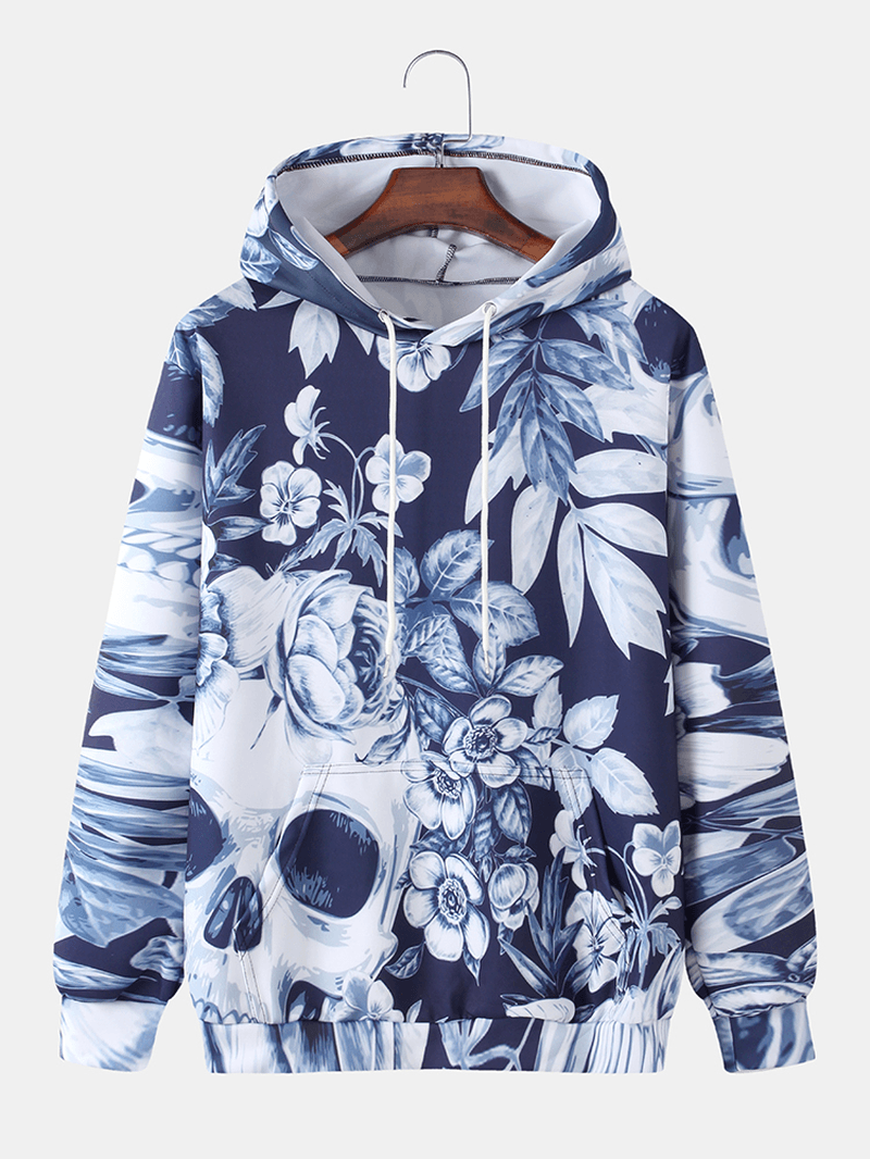 Mens All over Plant Leaf Print Drawstring Hoodies with Kangaroo Pocket - MRSLM