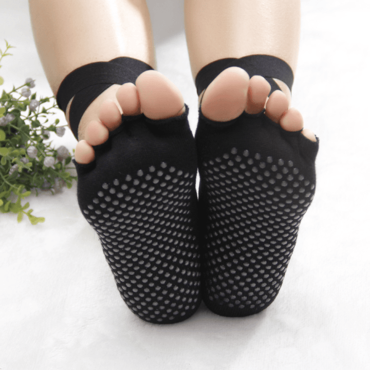 Women Ladies Five Finger Toes Yoga Socks Ballet Sports Lace Non-Slip Exposed Instep Yoga Socks - MRSLM