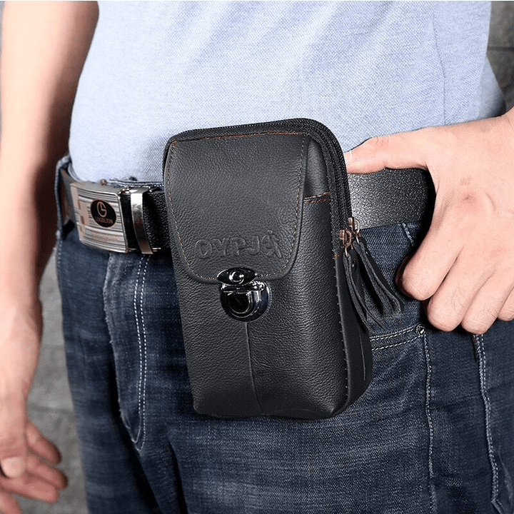 Men Genuine Leather Retro Business Waterproof 6.3 Inch Phone Bag Waist Bag with Belt Loop - MRSLM