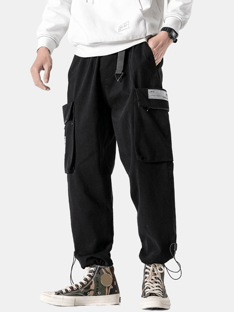 Mens Push Buckle Waist Cargo Style Drawstring Cuff Pants with Pocket - MRSLM