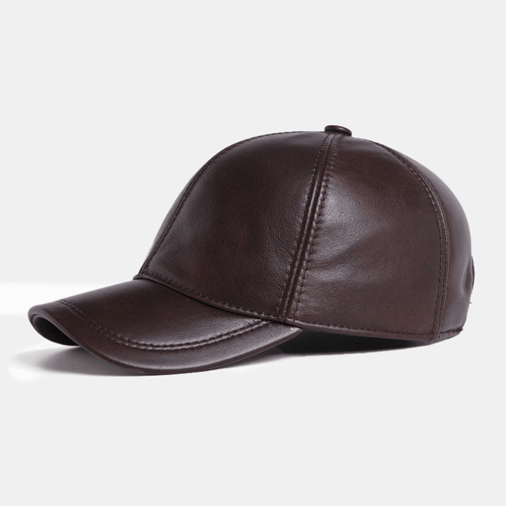 Men Genuine Cowhide Leather Adjustable Baseball Cap Outdoor Protect Ear Winter Warm for Elderly Father - MRSLM