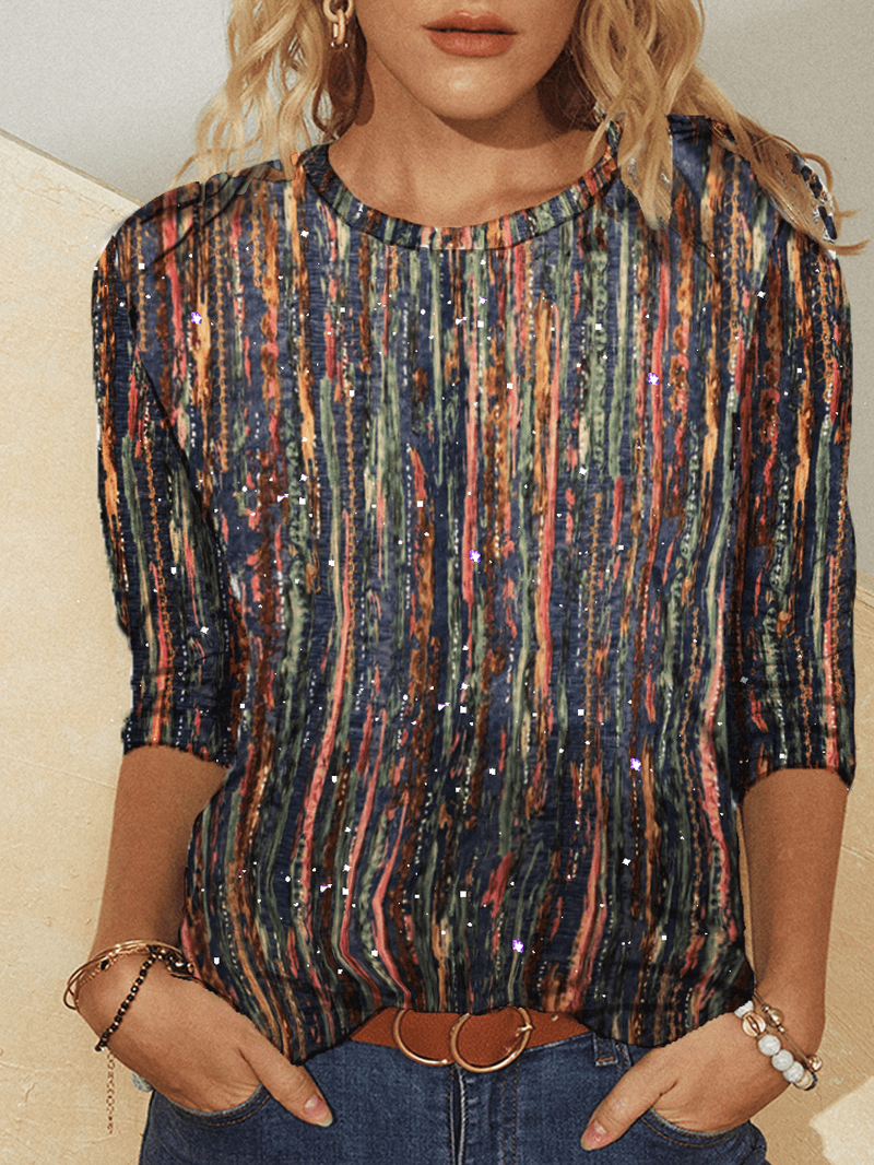 Women Multi-Color Striped Glitter Printed Long Sleeve O-Neck Blouse - MRSLM