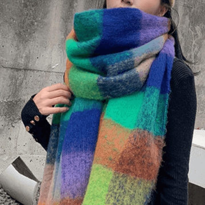 Women Cashmere Dual-Use Rainbow Mixed Color Stripes Thicken Warm plus Long Tassel Scarf Shawl - MRSLM