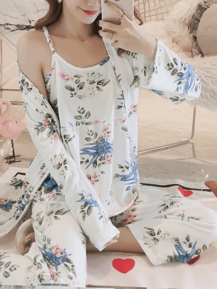 Womens Florral Print Tank Top with Robe Three Piece Home Casual Pajama Set - MRSLM