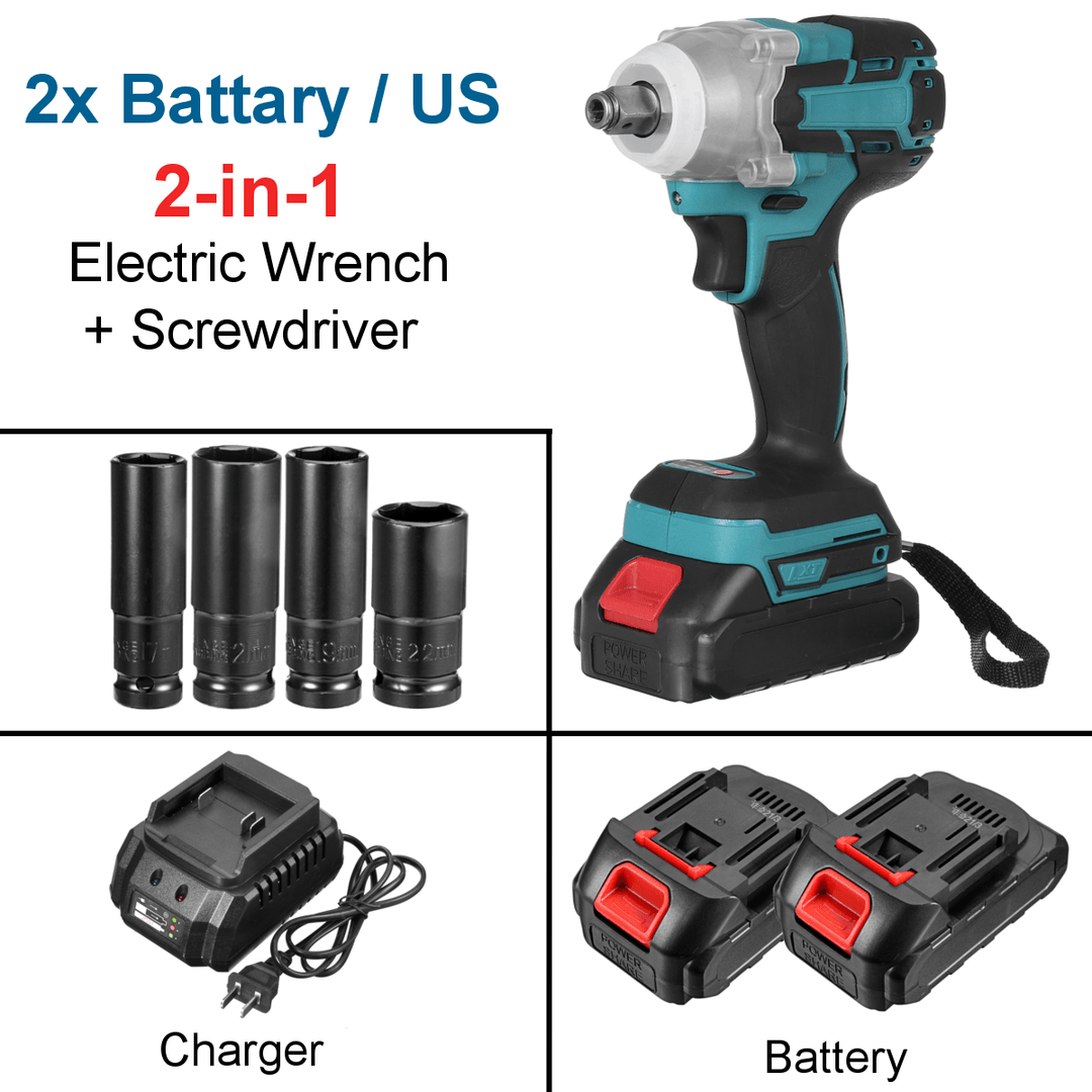 2 in 1 188VF 588N.M. Li-Ion Brushless Cordless Electric 1/2" Wrench 1/4"Screwdriver Drill W/ 1/2 Battery & 4 Sleeves - MRSLM