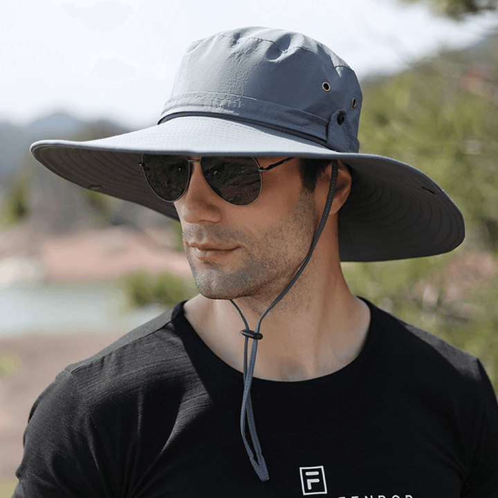 Men Dual-Use Anti-Uv Bucket Hat Big Brim Windproof Rope Adjustable Outdoor Fishing Sunshade Hat - MRSLM