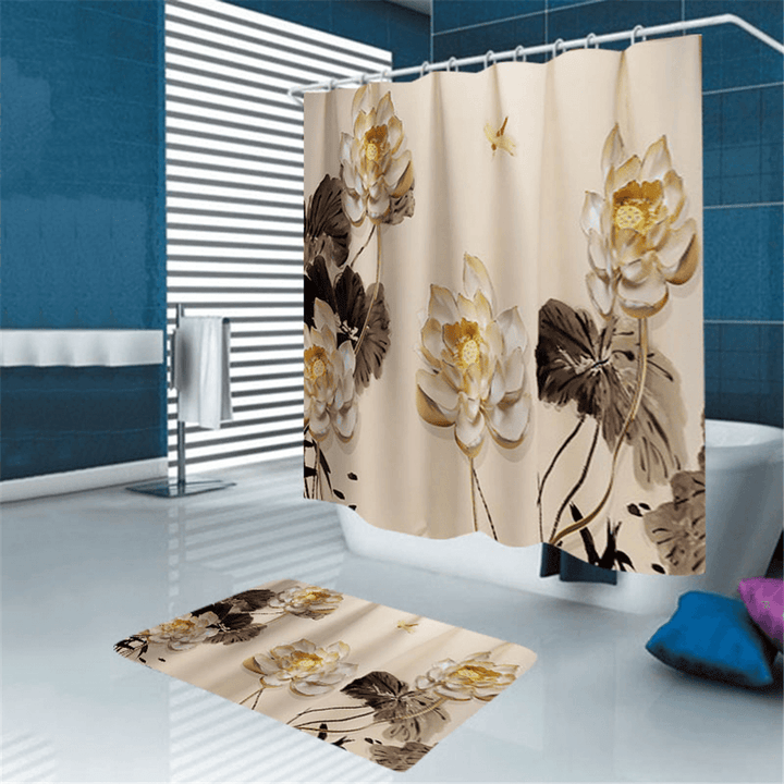 Printing Plum Blossom Shower Curtain Set Waterproof Odorless Anti-Slip Bath Mat Set - MRSLM