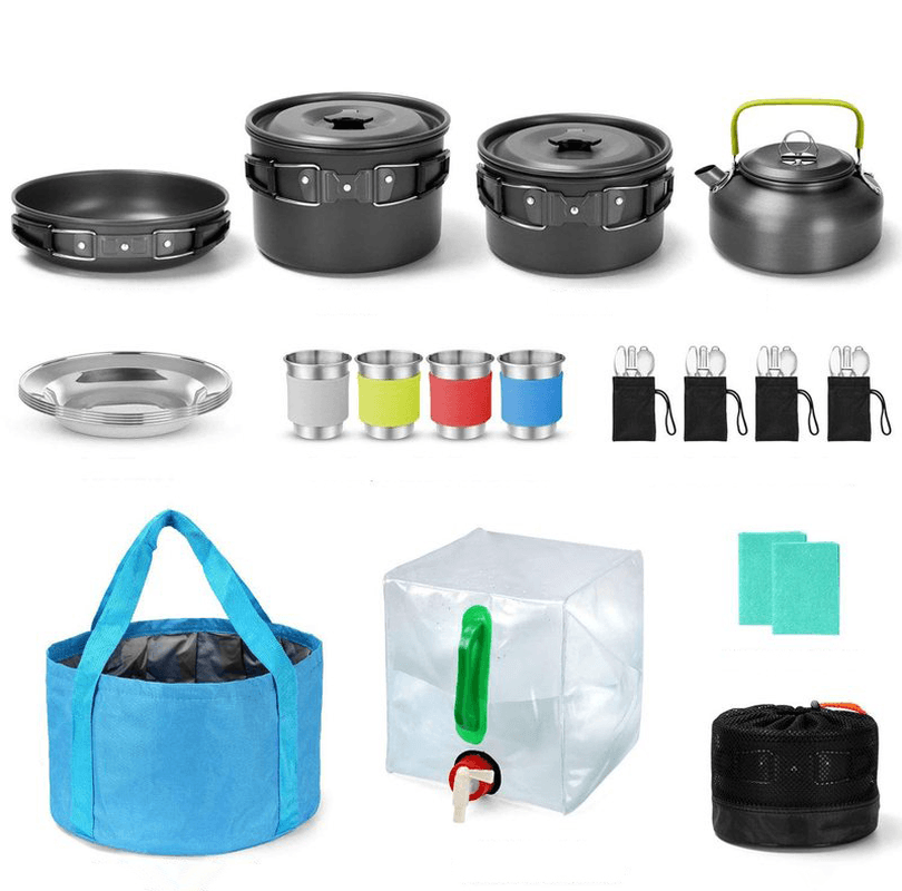 33 Pcs Set Camping Cookware Non-Stick Pot Pan Kettle Set Cups Plates Forks Knife Spoons Outdoor Tableware - MRSLM