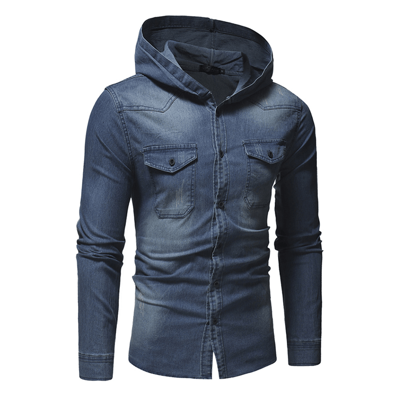 Mens Denim Chest Pocket Cotton Casual Hooded Shirt Jacket - MRSLM