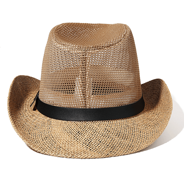 Men Outdoor Breathable Mesh Bowler Jazz Hat Cowboy Sunshade Straw Hat - MRSLM