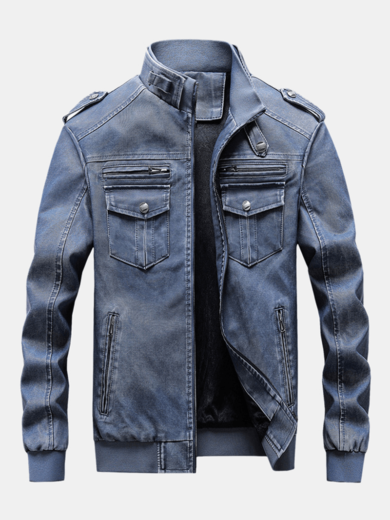 Mens Multi Pocket Zip-Up Windproof Warm Vintage PU Leather Jackets - MRSLM