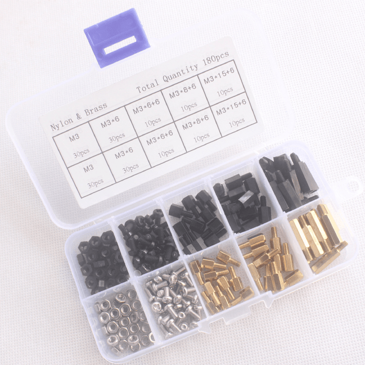 Suleve M3BN6 180Pcs M3 Nut Screw Standoff Set Nylon Stainless Steel Brass Hex Standoff Nut Screw Set Assortment Kit with Storage Box - MRSLM