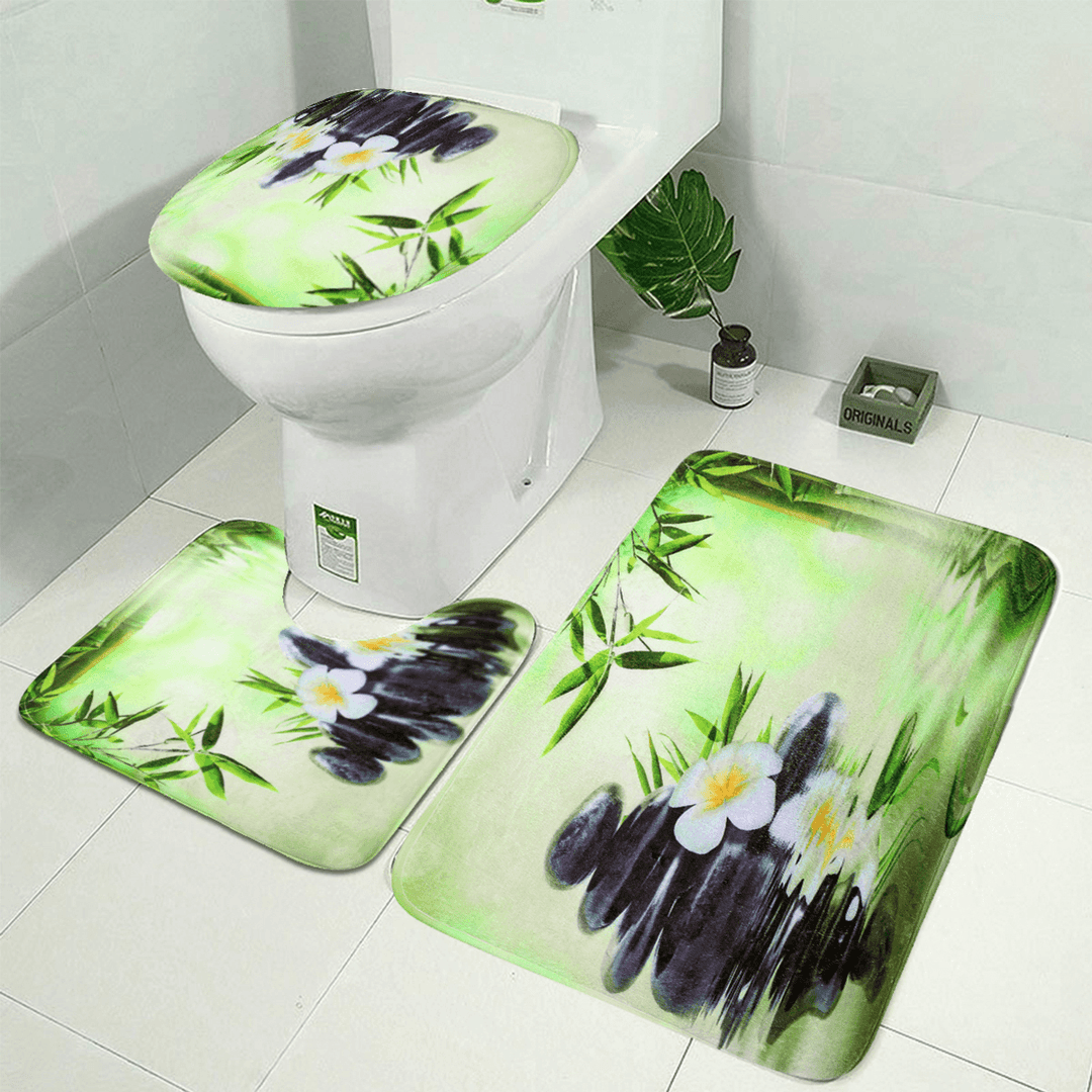 Bamboo Printing Waterproof Bathroom Shower Curtain Toilet Cover Mat Non-Slip Carpet - MRSLM