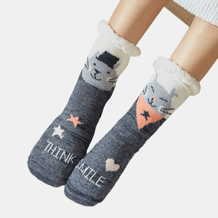 Women Warm Winter Outdoor Christmas Style Cartoon Animals Pattern plus Velvet Thicken Home Sleep Socks Tube Socks - MRSLM