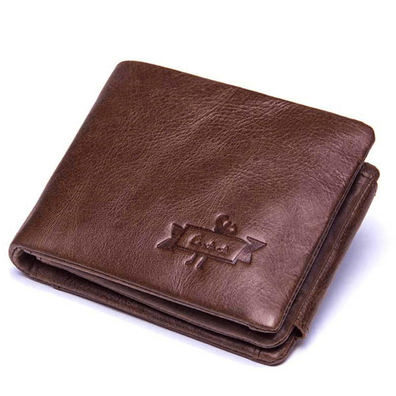 Men Genuine Leather Multifunctional Large Capacity Coin Bag 10 Card Slots Trifold Wallet - MRSLM