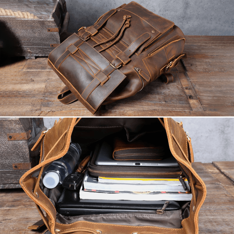 Ekphero Men PU Leather Large Capacity Multi-Pocket Backpack Retro 15.6 Inch Laptop Bag - MRSLM