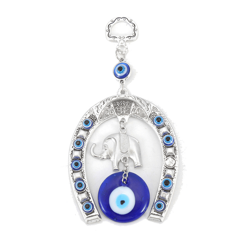 Turkish Blue Evil Eye Horseshoe with Elephant and Ribbon Wall Hanging Decorations ☆ - MRSLM