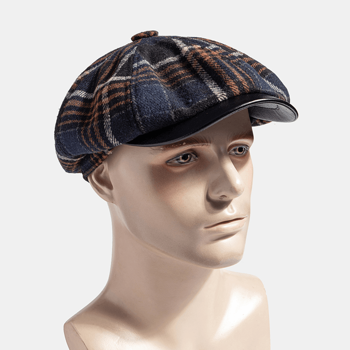 Collrown Men Casual Personality Plaid Pattern Newsboy Hat Octagonal Cap Beret Hat - MRSLM