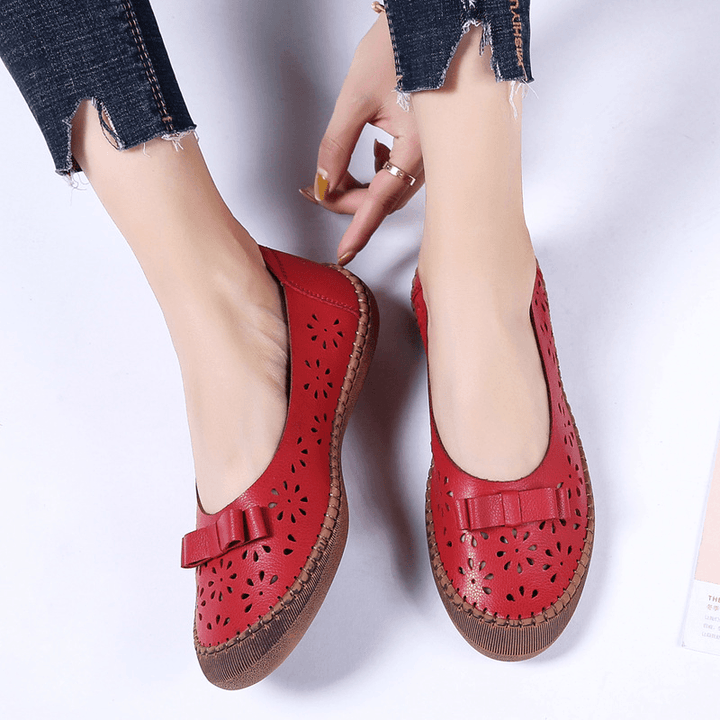 Women plus Size Genuine Leather Breathable Hollow Out Slip on Casual Flats Loafers - MRSLM