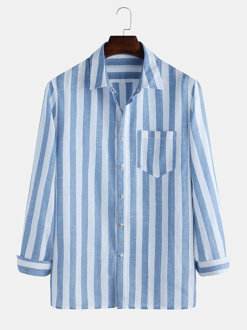 Mens Autumn Long Sleeve Stripe Pocket Casual Shirts - MRSLM