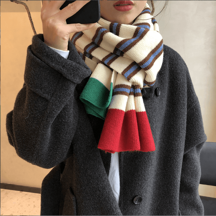 Casual Contrast Striped Knitted Warm Wool Scarf - MRSLM