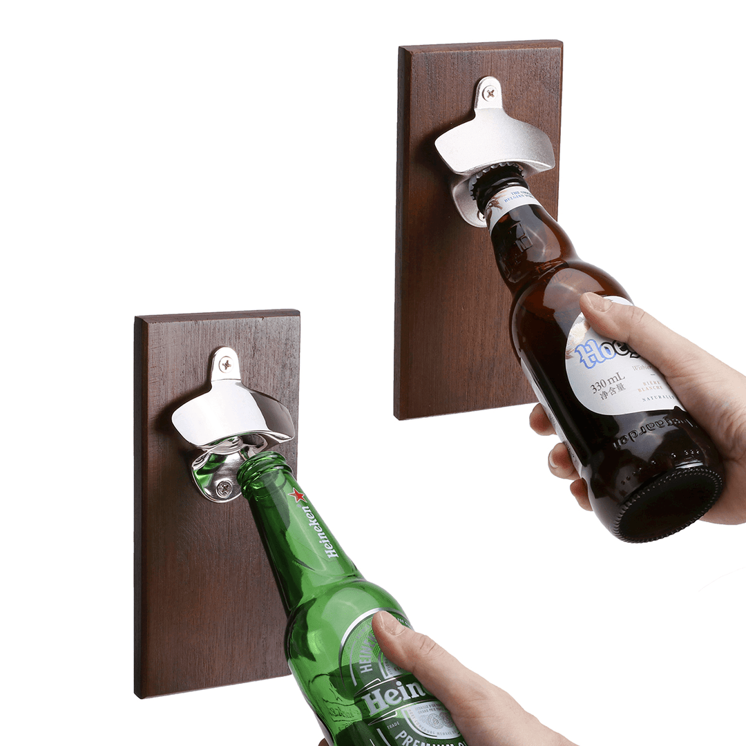 Wall Mounted Bottle Opener Rustic Wood Alloy Cap Catcher Kitchen Bar Decorations - MRSLM