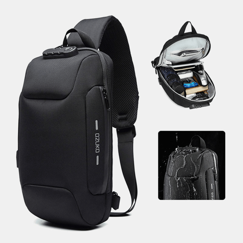 Men Oxford Password Lock Anti-Theft Waterproof Reflective Design Crossbody Bag Multi-Compartments USB Charging Chest Bag - MRSLM