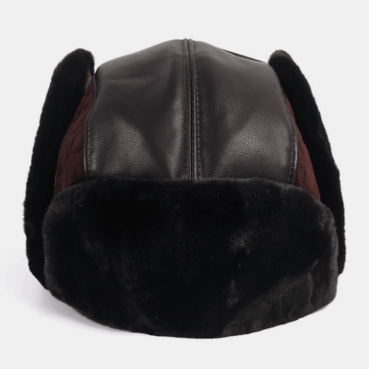 Men PU plus Velvet Thicken Trapper Hat Solid Color Argyle Cold Protection Windproof Ear Protection Ushanka Hat - MRSLM