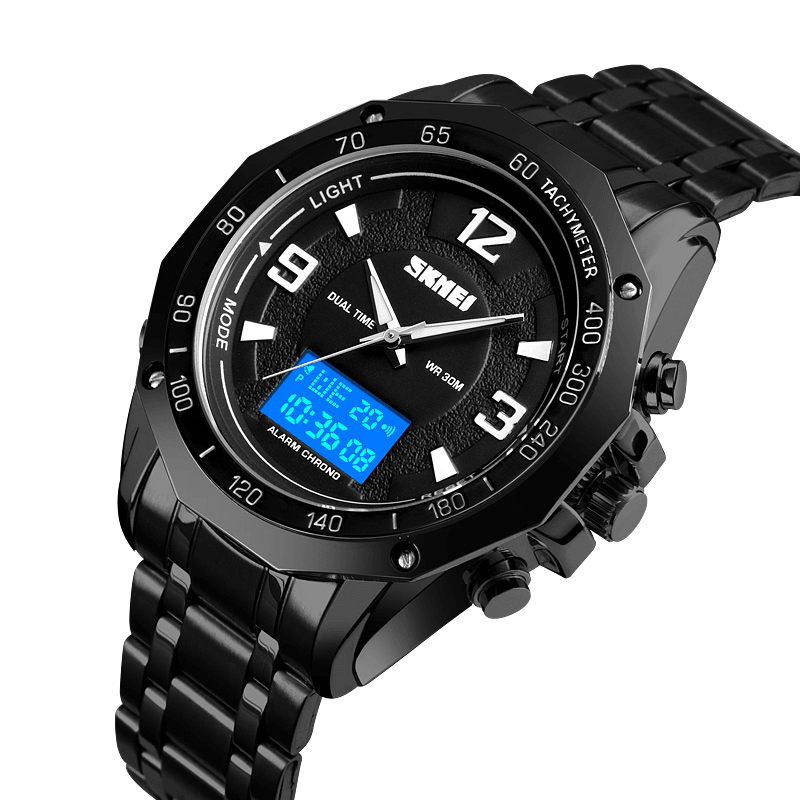 SKMEI 1504 Multifunctional Luminous EL Light Calendar 3ATM Business Men Watch Dual Display Digital Watch - MRSLM