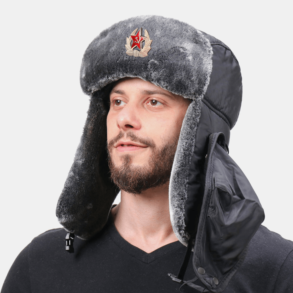 Men Solid Soviet Badge Windproof Trapper Hat Outdoor Thicken Ear Protection Warm Russian Hat Ushanka Hat - MRSLM