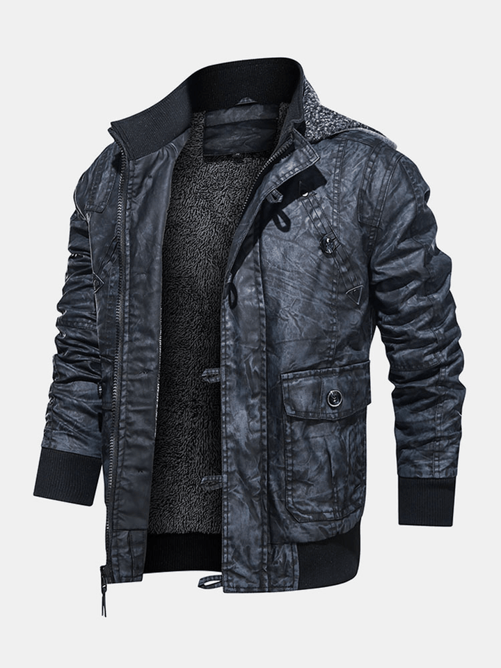 Mens Hooded Pocket PU Leather Motorcycle Jacket - MRSLM