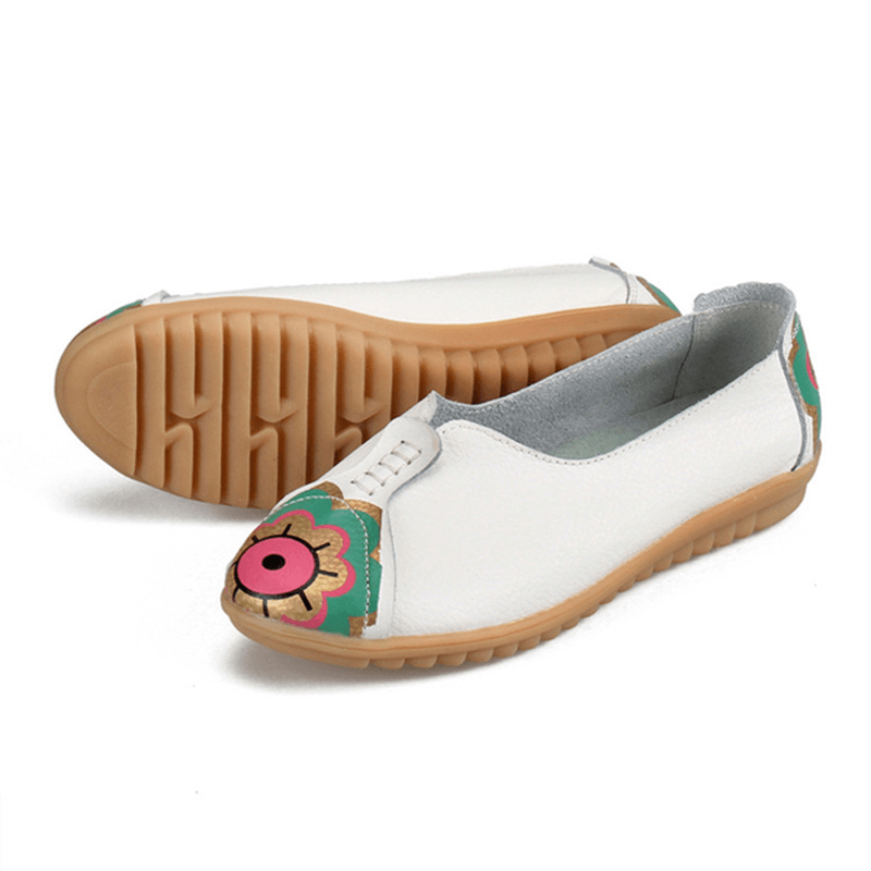 Sun Eye Flower Pattern Soft Leather Slip-Ons Lazy Driving Flat Loafers - MRSLM