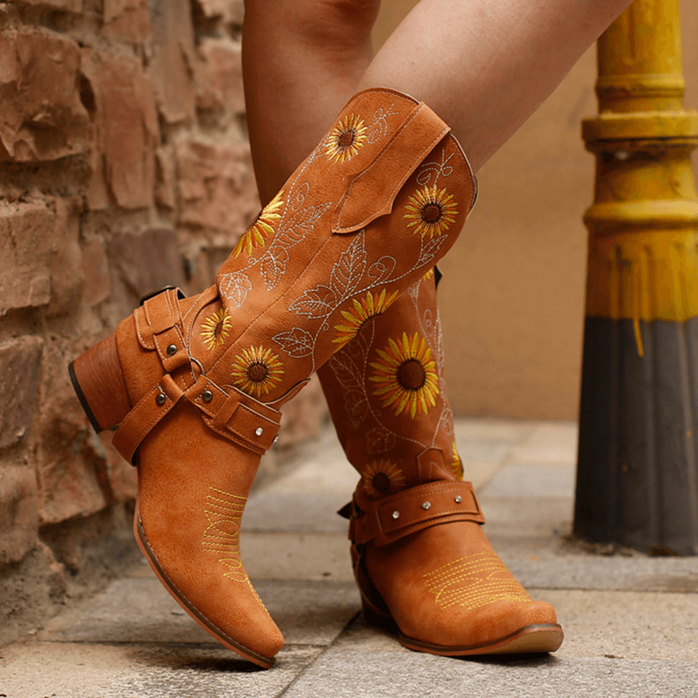 Women Retro Sunflowers Pattern Pointed Toe Chunky Heel Harness Cowboy Boots - MRSLM