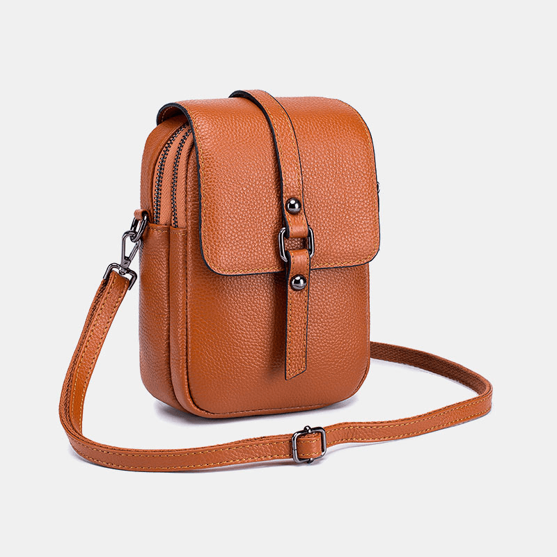 Women Genuine Leather Casual Retro Multi-Layers Earphone Hole 6.5 Inch Phone Bag Crossbody Bag - MRSLM