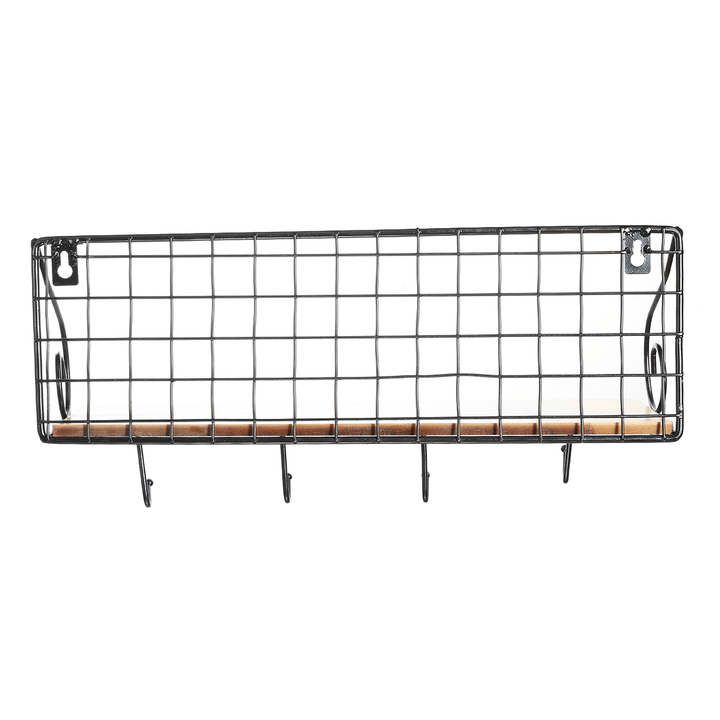 Hanging Wall Mounted Rack Storage Organizer Wood Home Display Storage Baskets W/ Iron Hook - MRSLM