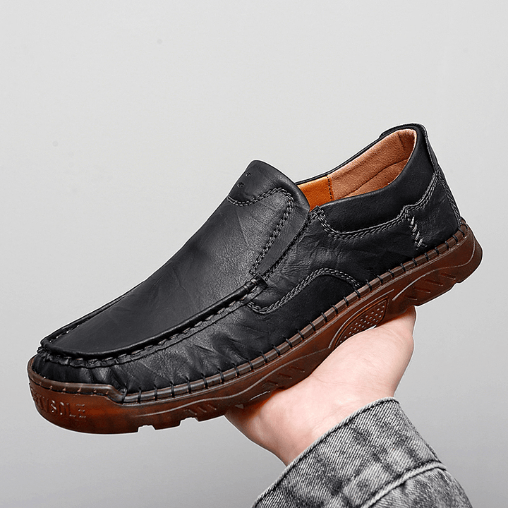 Menico Men Cowhide Breathable Hand Stitching Soft Sole Slip on Solid Casual Loafer Shoes - MRSLM