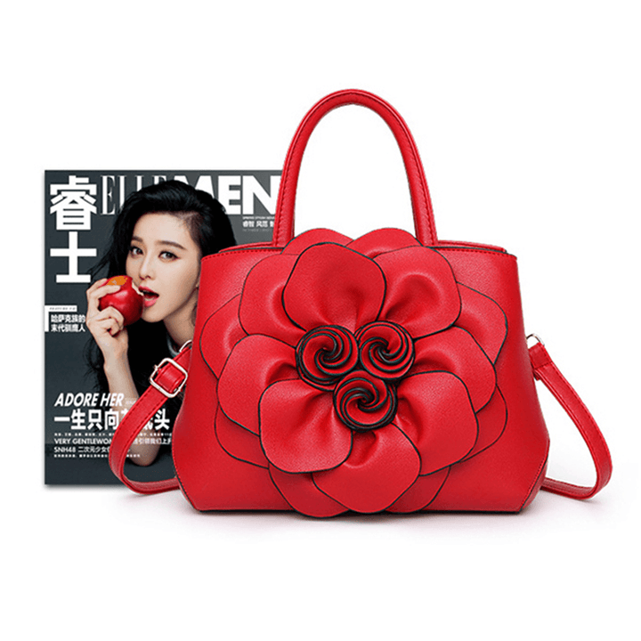 Women Lady Leather Elegant Handbag Flower Decoration Shoulder Evening Bag - MRSLM