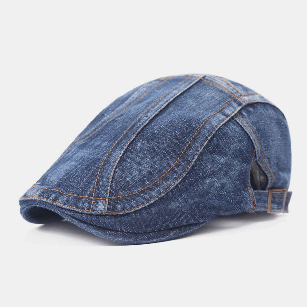 Men Washed Denim Stripe Stitching Berets Casual Sunscreen Adjustable Flat Caps Forward Cap - MRSLM