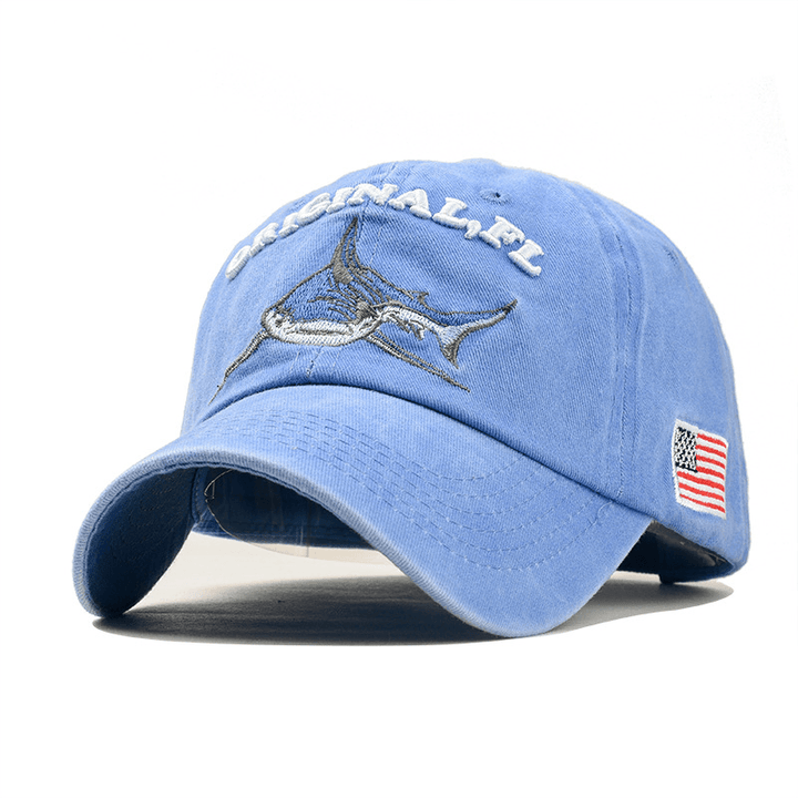 Men Women Denim Sunshade Hat Embroidered Letter Shark Washed Baseball Cap - MRSLM