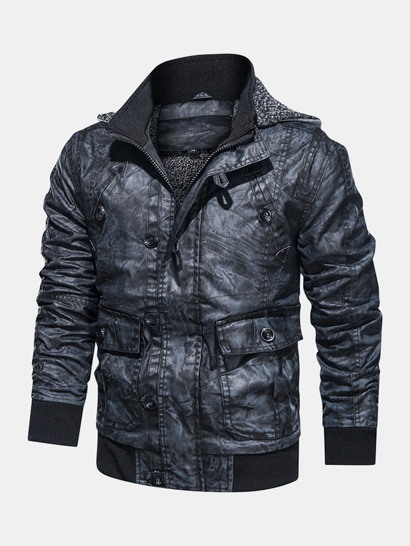 Mens Hooded Pocket PU Leather Motorcycle Jacket - MRSLM