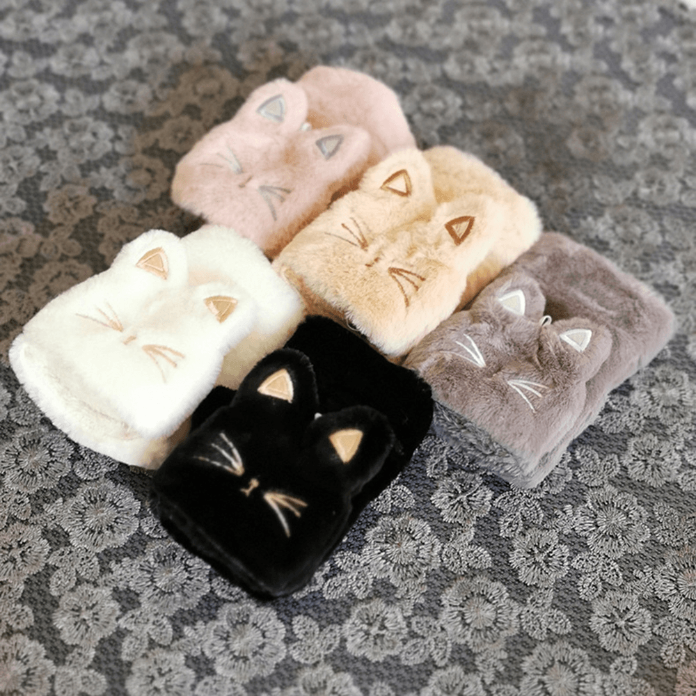 Women Plush plus Thicken Cute Cartoon Cat Pattern Keep Warm Half-Finger Gloves - MRSLM