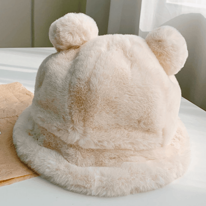 Women Faux Rabbit Hair Warm Soft Cute Casual All-Match Animal Ear Pattern Bucket Hat - MRSLM