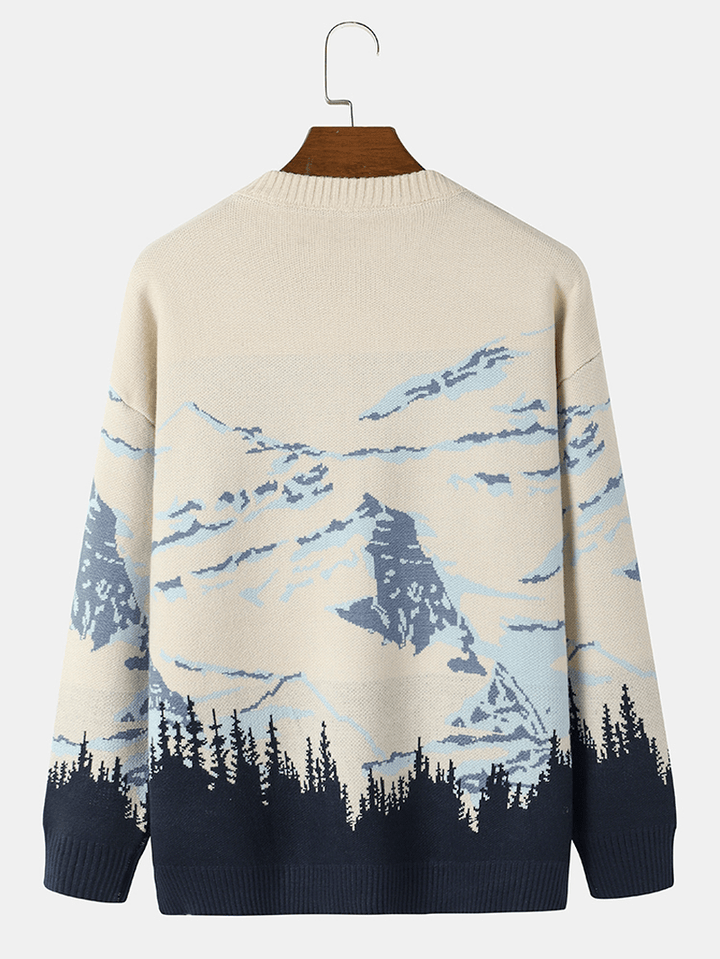 Men Landscape Mountain Drop Shoulder Loose Pullover Knitted Sweaters - MRSLM